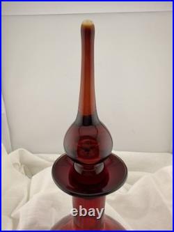 Vintage Blenko Red Glass Decanter Hand Blown Mid Century Modern Art Glass Ruby