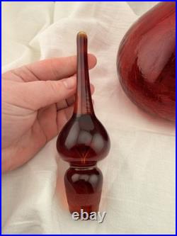 Vintage Blenko Red Glass Decanter Hand Blown Mid Century Modern Art Glass Ruby