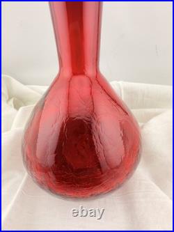 Vintage Blenko Red Glass Decanter Hand Blown Mid Century Modern Art Glass Ruby