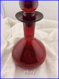 Vintage Blenko Red Glass Decanter Hand Blown Mid Century Modern Art Glass Ruby