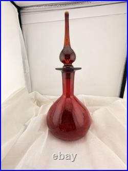 Vintage Blenko Red Glass Decanter Hand Blown Mid Century Modern Art Glass Ruby