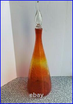 Vintage Blenko Tangerine 920L Crackle Glass Decanter With Clear Stopper