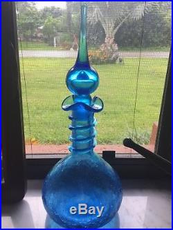 Vintage Blenko Turquoise Blue Crackle Glass Coil Decanter Ground Flame Stopper