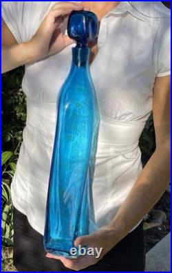 Vintage Blenko Wayne Husted Blue Twist Glass Decanter #5825