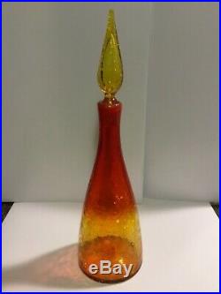 Vintage Blenko glass tangerine crackle decanter