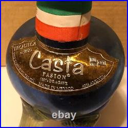 Vintage Blown Blue Glass Casta Worm Shaped Empty Pasion Tequila Decanter Bottle