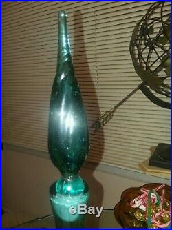 Vintage Blown Glass 23 3/4 Genie Bottle Blue Decanter Mid Century Footed NICE