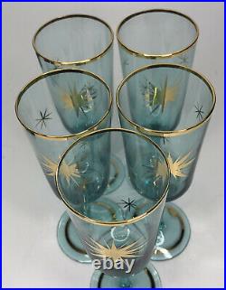 Vintage Blown Glass Cordial Liquor Decanter Set Aqua w Gold Starburst Hungarian