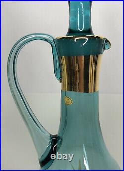Vintage Blown Glass Cordial Liquor Decanter Set Aqua w Gold Starburst Hungarian