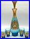 Vintage-Blue-Art-Glass-Decanter-Set-4-Shot-Glasses-Gilded-Cordial-Barware-Floral-01-crdh