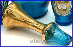 Vintage Blue Art Glass Decanter Set 4 Shot Glasses Gilded Cordial Barware Floral