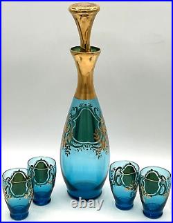 Vintage Blue Art Glass Decanter Set 4 Shot Glasses Gilded Cordial Barware Floral