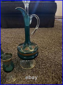 Vintage Blue Cut Glass Decanter With 5 Cordials with Gold Accents & Glass Stopper