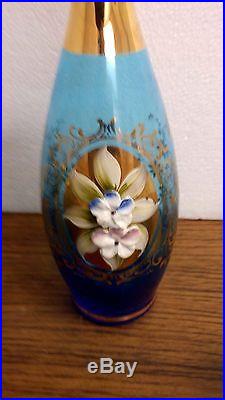 Vintage Blue Glass Bohemian Decanter Set 11 Bottle Stopper Six 2.75 Glasses