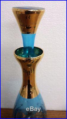 Vintage Blue Glass Bohemian Decanter Set 11 Bottle Stopper Six 2.75 Glasses