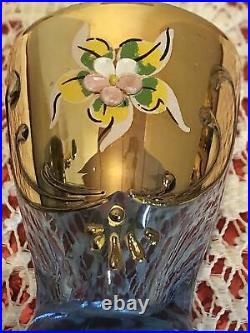 Vintage Blue Glass Bohemian Decanter Set-hand Painted Flowers-gold Gilt-6glasses