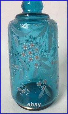 Vintage Blue Glass Decanter Bottle with Stopper Hand Blown Painted