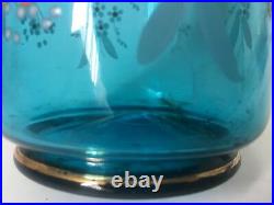 Vintage Blue Glass Decanter Bottle with Stopper Hand Blown Painted