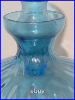 Vintage Blue Glass Decanter Empoli Geni Optic with Topper 112 oz Very Nice