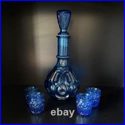 Vintage Blue Glass Decanter Set with Stopper & 4 Glasses Barware 5-Piece