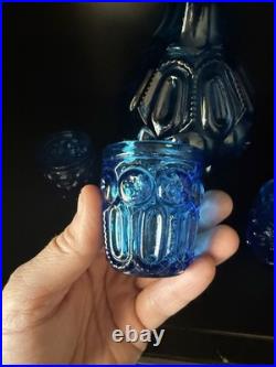 Vintage Blue Glass Decanter Set with Stopper & 4 Glasses Barware 5-Piece