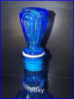 Vintage Blue Glass Decanter Set with Stopper & 4 Glasses Barware 5-Piece