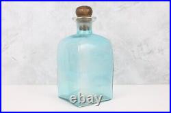 Vintage Blue Glass Decanter with Natural Wooden Stopper Decorative Tabletop Pc