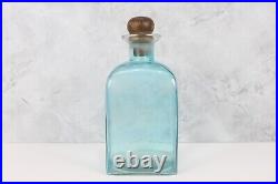 Vintage Blue Glass Decanter with Natural Wooden Stopper Decorative Tabletop Pc