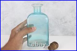 Vintage Blue Glass Decanter with Natural Wooden Stopper Decorative Tabletop Pc