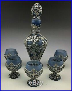 Vintage Blue Glass Liquor Decanter Gilt Silver Overlay Set