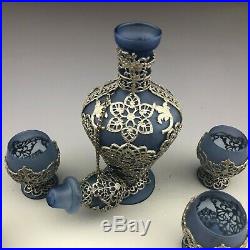 Vintage Blue Glass Liquor Decanter Gilt Silver Overlay Set