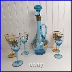 Vintage Blue Gold Glass Bohemian Romanian Wine Decanter Set 5 Glasses Beautiful