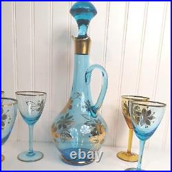 Vintage Blue Gold Glass Bohemian Romanian Wine Decanter Set 5 Glasses Beautiful