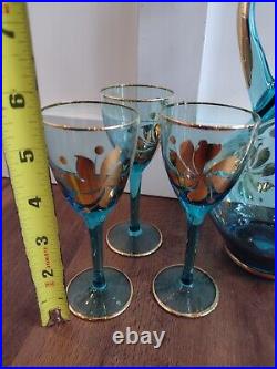 Vintage Blue Gold Glass Bohemian Romanian Wine Decanter Set 5 Glasses Beautiful