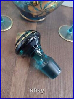 Vintage Blue Gold Glass Bohemian Romanian Wine Decanter Set 5 Glasses Beautiful