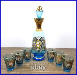 Vintage Blue Gold Glass Decanter Stopper 6 Glasses Made In Italy Venetian