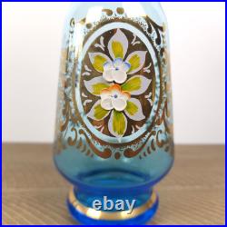 Vintage Blue Gold Glass Decanter Stopper 6 Glasses Made In Italy Venetian