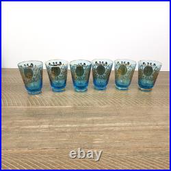 Vintage Blue Gold Glass Decanter Stopper 6 Glasses Made In Italy Venetian