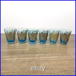Vintage Blue Gold Glass Decanter Stopper 6 Glasses Made In Italy Venetian