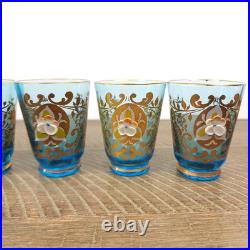 Vintage Blue Gold Glass Decanter Stopper 6 Glasses Made In Italy Venetian
