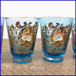 Vintage Blue Gold Glass Decanter Stopper 6 Glasses Made In Italy Venetian