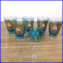Vintage Blue Gold Glass Decanter Stopper 6 Glasses Made In Italy Venetian