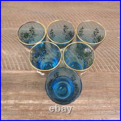 Vintage Blue Gold Glass Decanter Stopper 6 Glasses Made In Italy Venetian
