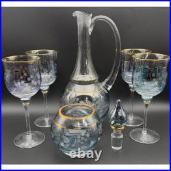 Vintage Blue Iridescent Etched Floral Glass Decanter Set Gold Rim 7 Piece