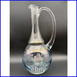 Vintage Blue Iridescent Etched Floral Glass Decanter Set Gold Rim 7 Piece