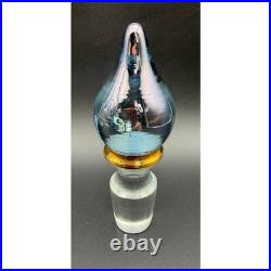 Vintage Blue Iridescent Etched Floral Glass Decanter Set Gold Rim 7 Piece