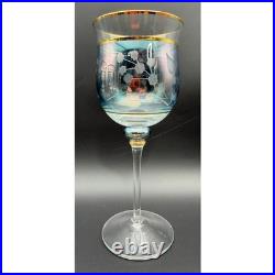 Vintage Blue Iridescent Etched Floral Glass Decanter Set Gold Rim 7 Piece