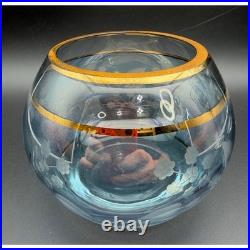 Vintage Blue Iridescent Etched Floral Glass Decanter Set Gold Rim 7 Piece