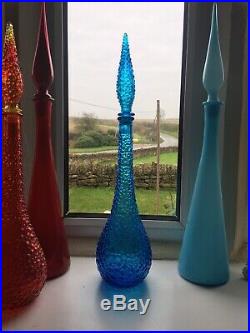 Vintage Blue Italian Empoli Glass Genie Bottle Hobnail Decanter Bubble 1960s