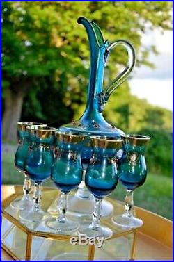 Vintage Blue Italian, withgold gilding, Venetian Murano Decanter and glass set (5)